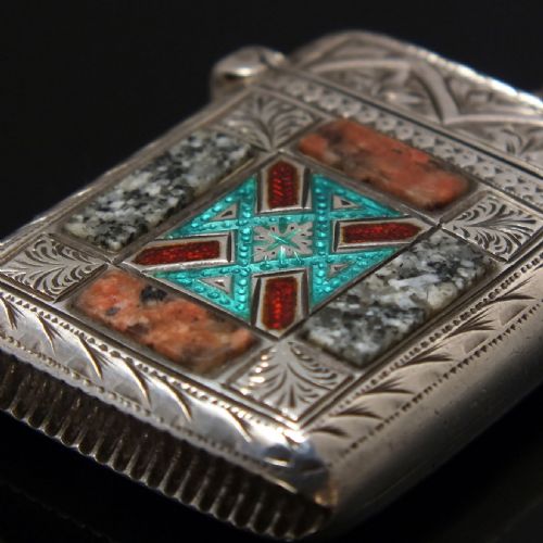 EXCEEDINGLY RARE EDWARDIAN SILVER VESTA CASE WITH GRANITE ENAMEL BY JOSEPH COOK SON BIRMINGHAM 1906 - ADDITIONAL PHOTO 2