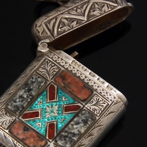 EXCEEDINGLY RARE EDWARDIAN SILVER VESTA CASE WITH GRANITE ENAMEL BY JOSEPH COOK SON BIRMINGHAM 1906 - ADDITIONAL PHOTO 3