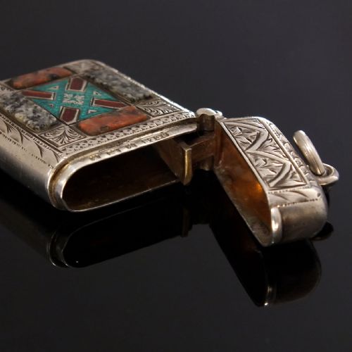 EXCEEDINGLY RARE EDWARDIAN SILVER VESTA CASE WITH GRANITE ENAMEL BY JOSEPH COOK SON BIRMINGHAM 1906 - ADDITIONAL PHOTO 4