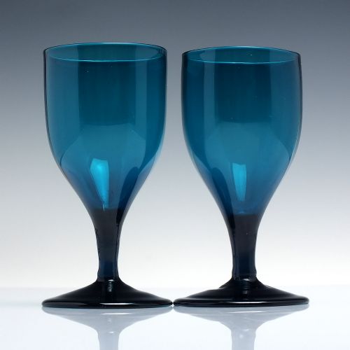 pair georgian peacock blue wine glasses c1800 - CATEGORY: ANTIQUE GLASS - DATED GEORGIAN