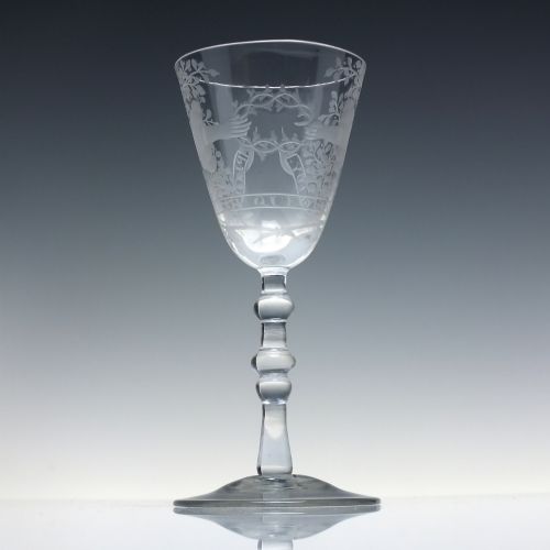 18TH CENTURY FRIENDSHIP ENGRAVED LIGHT BALUSTER WINE GLASS C1745 - ADDITIONAL PHOTO 1