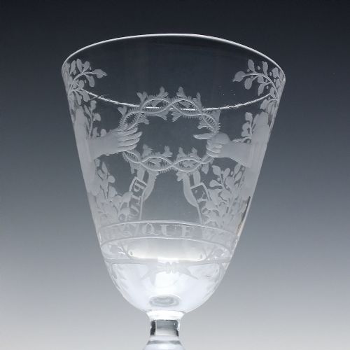 18TH CENTURY FRIENDSHIP ENGRAVED LIGHT BALUSTER WINE GLASS C1745 - ADDITIONAL PHOTO 3