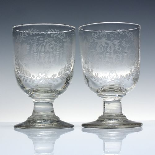 pair victorian engraved glass rummers c1850 - CATEGORY: ANTIQUE GLASS - DATED 1850