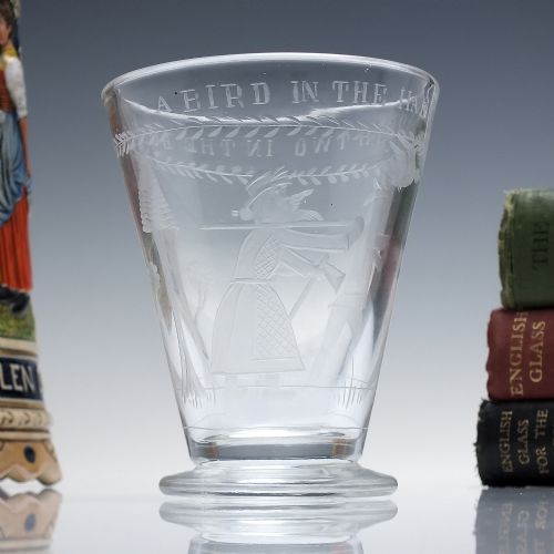 19th century engraved footed tumbler c1850 a bird in the hand is worth two in the bush' - CATEGORY: ANTIQUE GLASS - DATED VICTORIAN