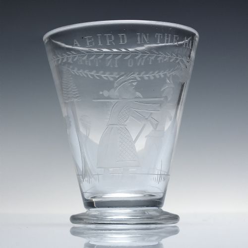19TH CENTURY ENGRAVED FOOTED TUMBLER C1850 A BIRD IN THE HAND IS WORTH TWO IN THE BUSH' - ADDITIONAL PHOTO 1
