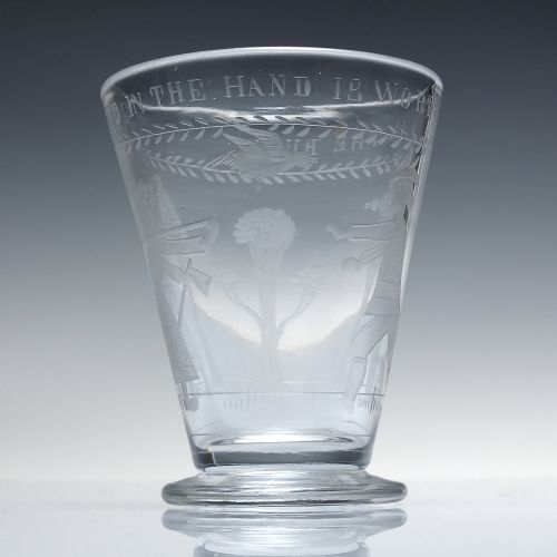 19TH CENTURY ENGRAVED FOOTED TUMBLER C1850 A BIRD IN THE HAND IS WORTH TWO IN THE BUSH' - ADDITIONAL PHOTO 2
