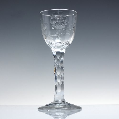 PAIR GEORGIAN ENGRAVED JACOBITE SYMPATHY FACET CUT WINE GLASSES C1780 - ADDITIONAL PHOTO 1
