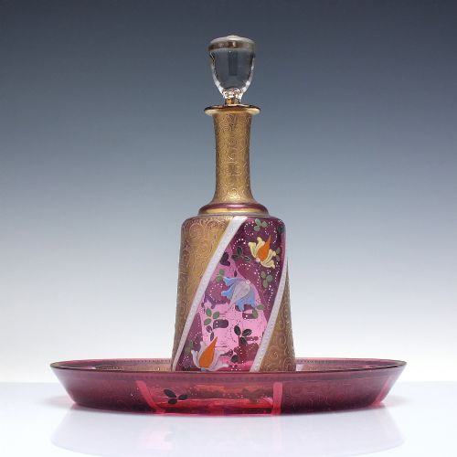 RARE ANTIQUE BOHEMIAN HAND ENAMELLED GLASS LIQUOR BAR SET C1900 - ADDITIONAL PHOTO 1