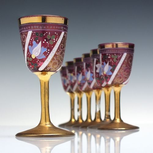 RARE ANTIQUE BOHEMIAN HAND ENAMELLED GLASS LIQUOR BAR SET C1900 - ADDITIONAL PHOTO 8