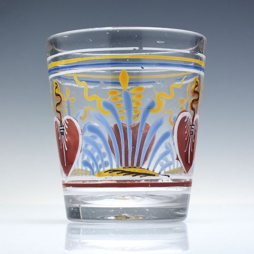 18TH CENTURY POLYCHROME ENAMELLED GLASS TUMBLER WITH LOVE HEARTS C1760 - ADDITIONAL PHOTO 1
