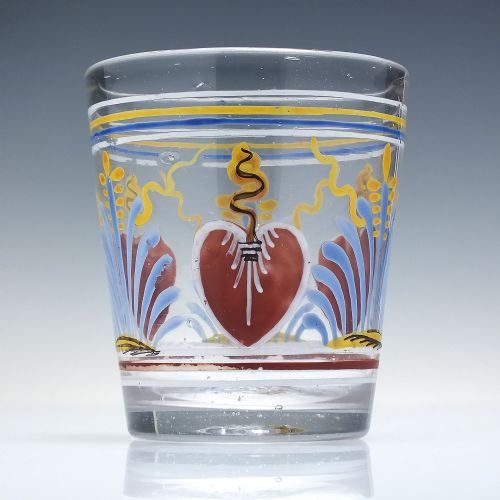 18th century polychrome enamelled glass tumbler with love hearts c1760 - CATEGORY: ANTIQUE GLASS - DATED GEORGIAN