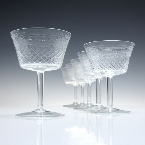six engraved edwardian champagne glasses c1910 - CATEGORY: ANTIQUE GLASS - DATED 1880
