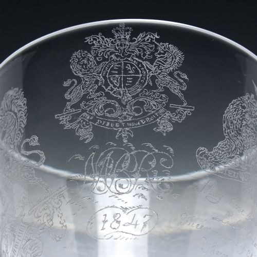 RARE VICTORIAN DIAMOND POINT HERALDIC ENGRAVED GLASS RUMMER C1847 - ADDITIONAL PHOTO 1