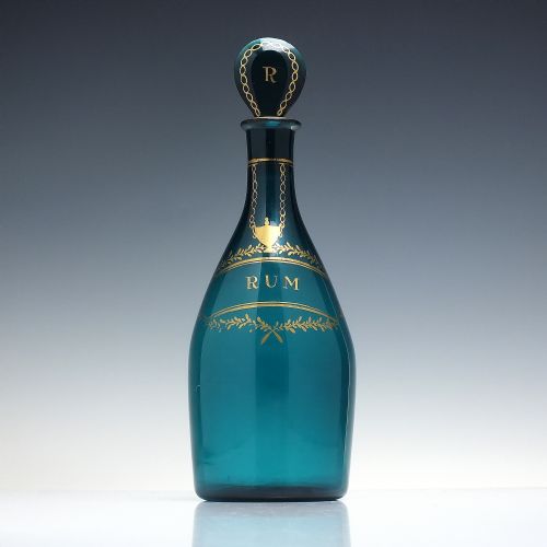 georgian peacock blue glass club decanter with gilded rum label c1810 - CATEGORY: ANTIQUE GLASS - DATED GEORGIAN