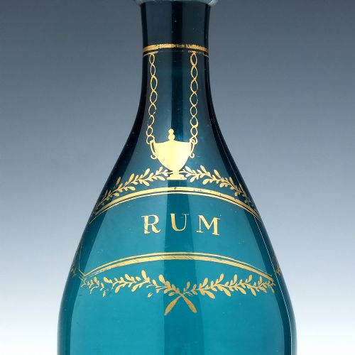 GEORGIAN PEACOCK BLUE GLASS CLUB DECANTER WITH GILDED RUM LABEL C1810 - ADDITIONAL PHOTO 1