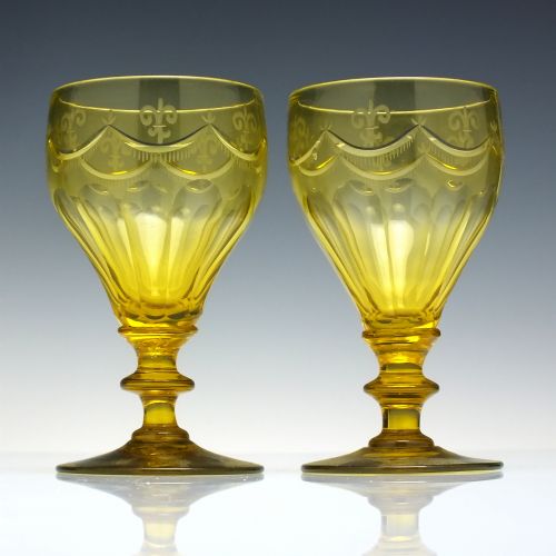 pair victorian engraved yellow uranium wine glasses c1870 - CATEGORY: ANTIQUE GLASS - DATED VICTORIAN