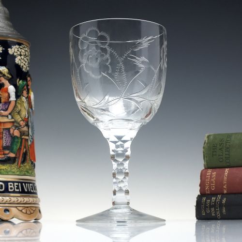 antique edwardian engraved facet cut wine glass goblet c1910 - CATEGORY: ANTIQUE GLASS - DATED EDWARDIAN