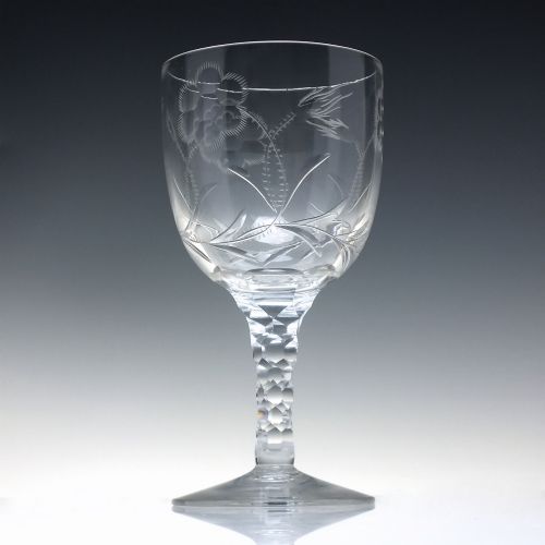ANTIQUE EDWARDIAN ENGRAVED FACET CUT WINE GLASS GOBLET C1910 - ADDITIONAL PHOTO 2