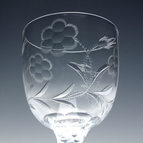 ANTIQUE EDWARDIAN ENGRAVED FACET CUT WINE GLASS GOBLET C1910 - ADDITIONAL PHOTO 3