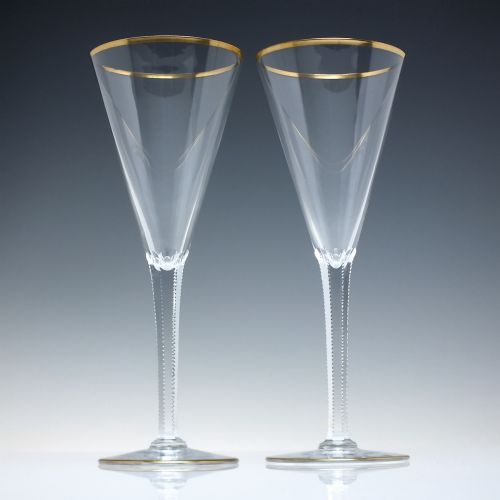pair antique josephinenhutte gilded champagne or wine glass flutes c1900 - CATEGORY: ANTIQUE GLASS - DATED 1900