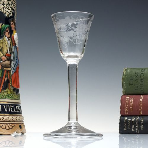 georgian engraved plain stem wine glass with folded foot c1740 - CATEGORY: ANTIQUE GLASS - DATED GEORGIAN