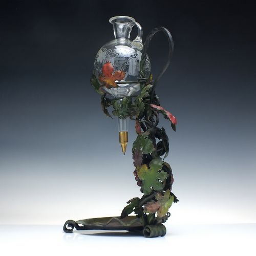 EXCEPTIONAL ART NOUVEAU WROUGHT IRON ENGRAVED GLASS WINE CARAFE DISPENSER C1900 - ADDITIONAL PHOTO 1