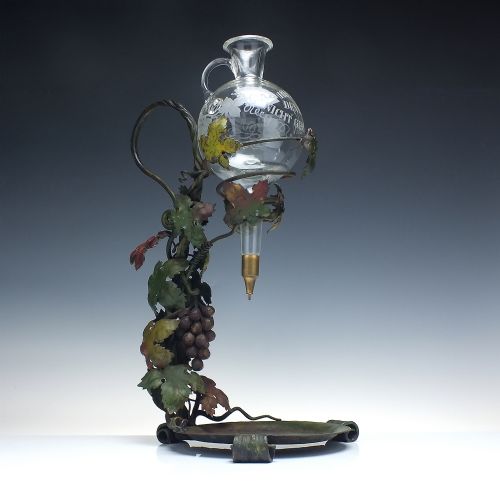 EXCEPTIONAL ART NOUVEAU WROUGHT IRON ENGRAVED GLASS WINE CARAFE DISPENSER C1900 - ADDITIONAL PHOTO 2