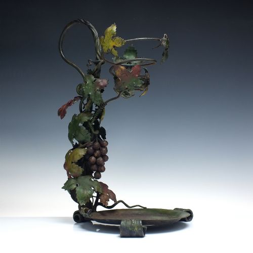 EXCEPTIONAL ART NOUVEAU WROUGHT IRON ENGRAVED GLASS WINE CARAFE DISPENSER C1900 - ADDITIONAL PHOTO 3