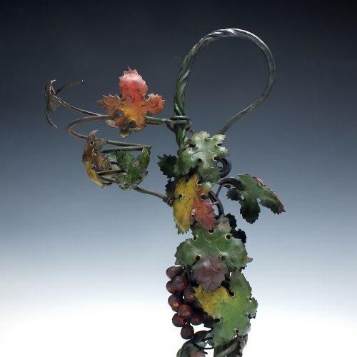 EXCEPTIONAL ART NOUVEAU WROUGHT IRON ENGRAVED GLASS WINE CARAFE DISPENSER C1900 - ADDITIONAL PHOTO 5