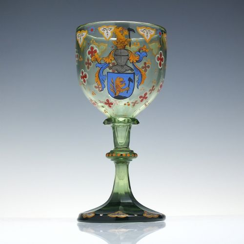 VICTORIAN 19TH CENTURY LOBMEYER ENAMELLED ARMORIAL GREEN WINE GLASS GOBLET C1890 - ADDITIONAL PHOTO 1