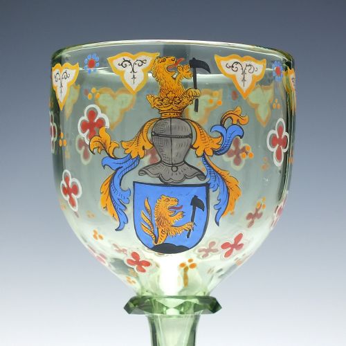 VICTORIAN 19TH CENTURY LOBMEYER ENAMELLED ARMORIAL GREEN WINE GLASS GOBLET C1890 - ADDITIONAL PHOTO 3