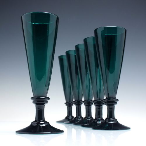 exceptionally rare set of six georgian turquoise green wine or ale glass flutes c1800 - CATEGORY: ANTIQUE GLASS - DATED GEORGIAN