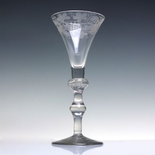 TALL 18TH CENTURY ENGRAVED BALUSTER WINE GLASS GOBLET C1730 - ADDITIONAL PHOTO 1