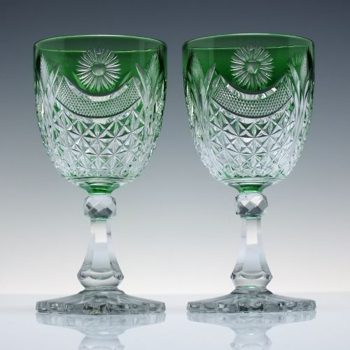 PAIR RARE SAINTLOUIS CUT CRYSTAL GREEN GLASS WINES C1900 - ADDITIONAL PHOTO 1
