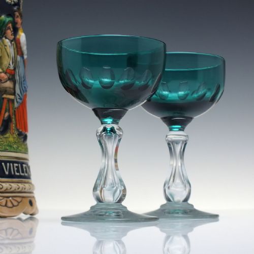 SIX VAL ST LAMBERT HOLLOW STEMMED TURQUOISE BLUE WINE GLASSES C1880 - ADDITIONAL PHOTO 3