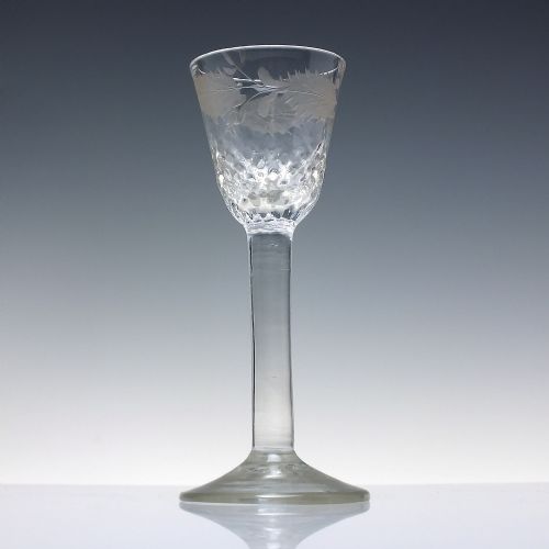 RARE 18TH CENTURY ENGRAVED AND NUT MOULDED PLAIN STEM WINE GLASS C1750 - ADDITIONAL PHOTO 1