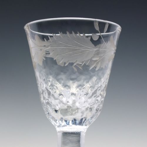 RARE 18TH CENTURY ENGRAVED AND NUT MOULDED PLAIN STEM WINE GLASS C1750 - ADDITIONAL PHOTO 3