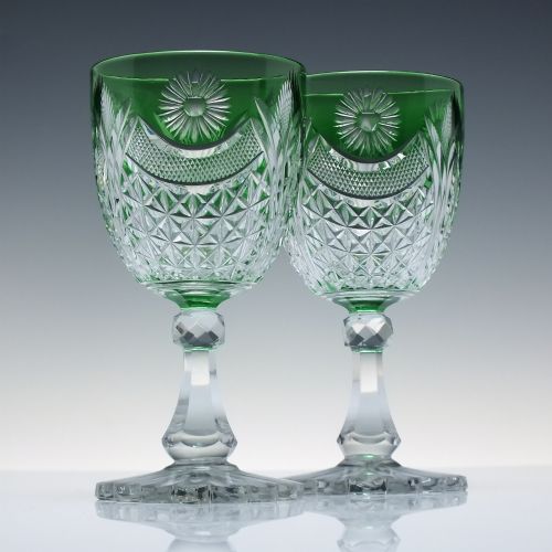 PAIR RARE SAINTLOUIS CUT CRYSTAL GREEN GLASS WINES C1900 - ADDITIONAL PHOTO 1