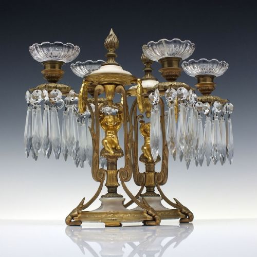 pair 19th century french ormolu alabaster glass candle lustres c1870 - CATEGORY: ANTIQUE LIGHTING - DATED 1870