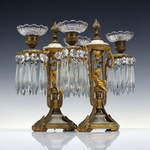 PAIR 19TH CENTURY FRENCH ORMOLU ALABASTER GLASS CANDLE LUSTRES C1870 - ADDITIONAL PHOTO 1