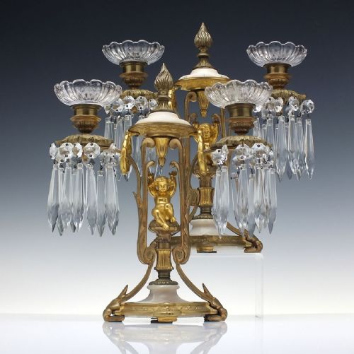 PAIR 19TH CENTURY FRENCH ORMOLU ALABASTER GLASS CANDLE LUSTRES C1870 - ADDITIONAL PHOTO 2