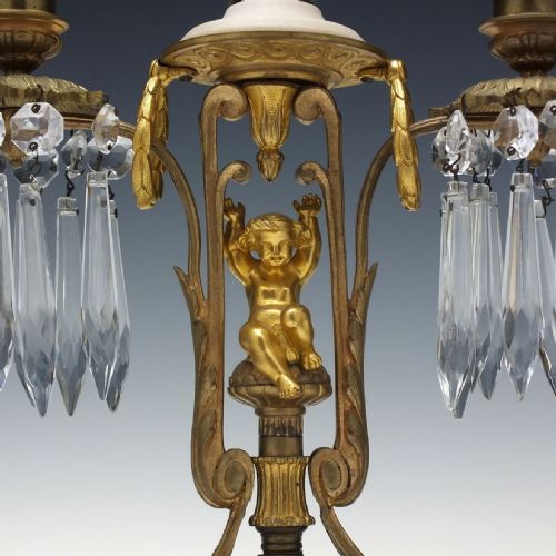 PAIR 19TH CENTURY FRENCH ORMOLU ALABASTER GLASS CANDLE LUSTRES C1870 - ADDITIONAL PHOTO 3