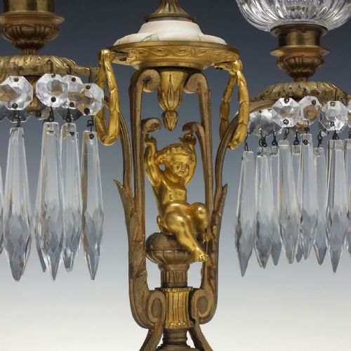 PAIR 19TH CENTURY FRENCH ORMOLU ALABASTER GLASS CANDLE LUSTRES C1870 - ADDITIONAL PHOTO 4