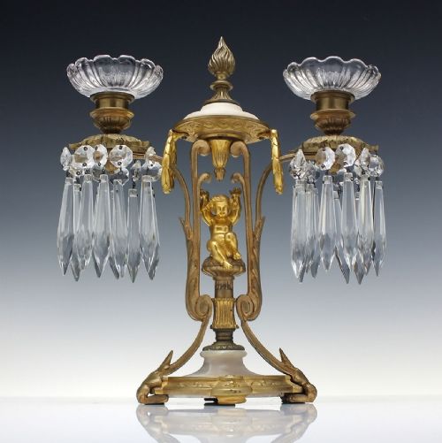PAIR 19TH CENTURY FRENCH ORMOLU ALABASTER GLASS CANDLE LUSTRES C1870 - ADDITIONAL PHOTO 5