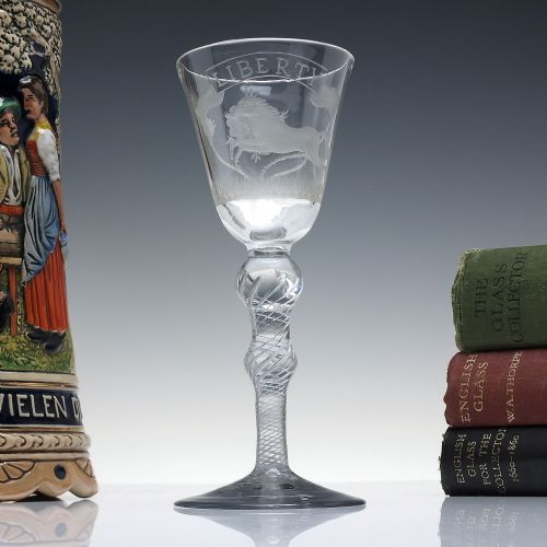 RARE 18TH CENTURY HANOVERIAN LIBERTY ANTI JACOBITE WINE GLASS C1750
