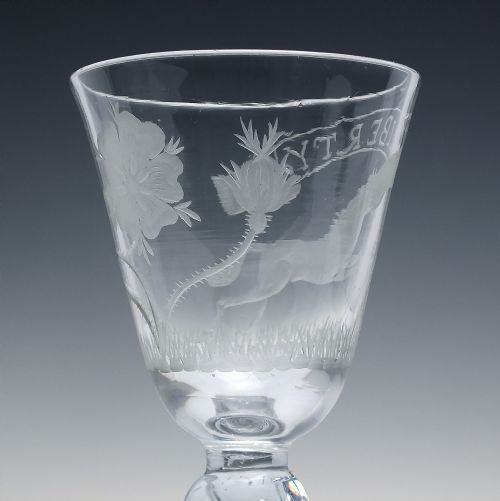 RARE 18TH CENTURY HANOVERIAN LIBERTY ANTI JACOBITE WINE GLASS C1750 - ADDITIONAL PHOTO 7