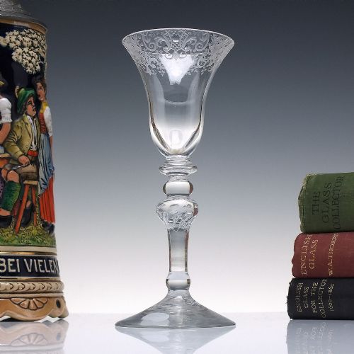 18TH CENTURY ROCOCO ENGRAVED LIGHT BALUSTER WINE GLASS C1735