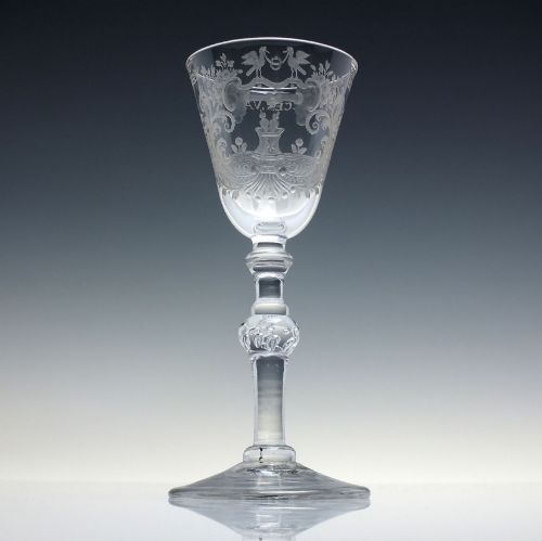 18TH CENTURY ENGRAVED NEWCASTLE LIGHT BALUSTER MARRIAGE WINE GOBLET C1750