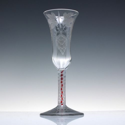 RARE 18TH CENTURY ENGRAVED RED COLOUR TWIST ALE GLASS C1765 - ADDITIONAL PHOTO 1
