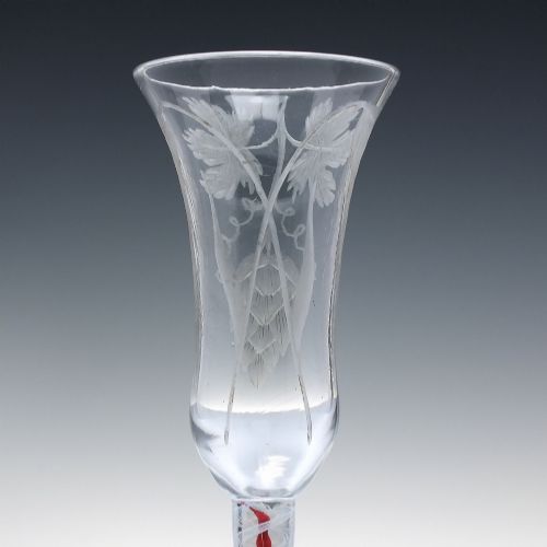 RARE 18TH CENTURY ENGRAVED RED COLOUR TWIST ALE GLASS C1765 - ADDITIONAL PHOTO 5